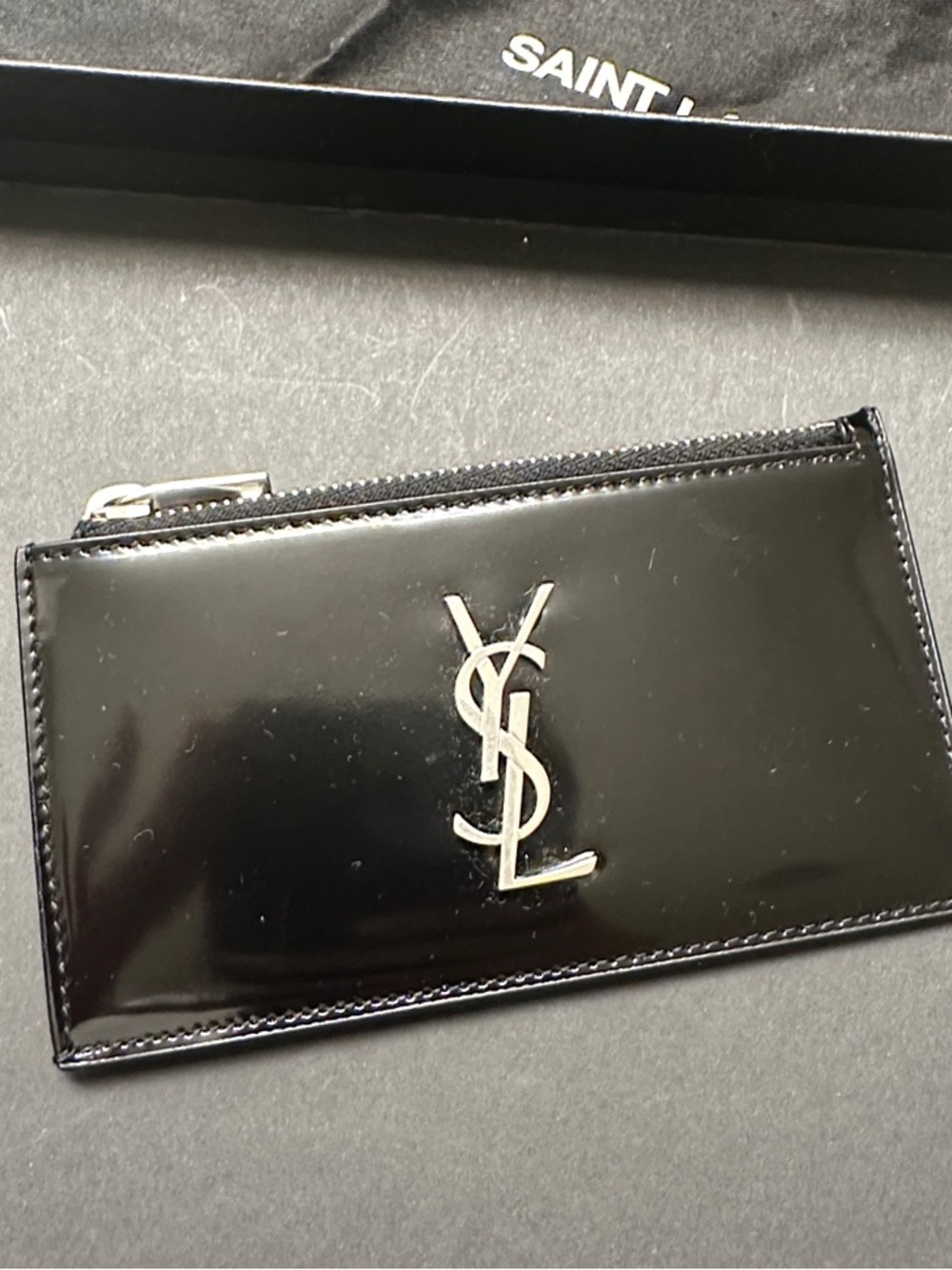 Saint Laurent Black Patent Leather YSL Zip Card Holder
